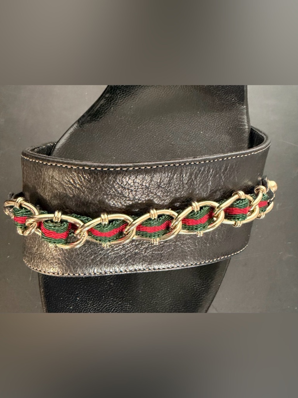 Gucci Black Leather Kitten Heel Sandals with Gold Chain Green and Red Webbing - Picture 14 of 14